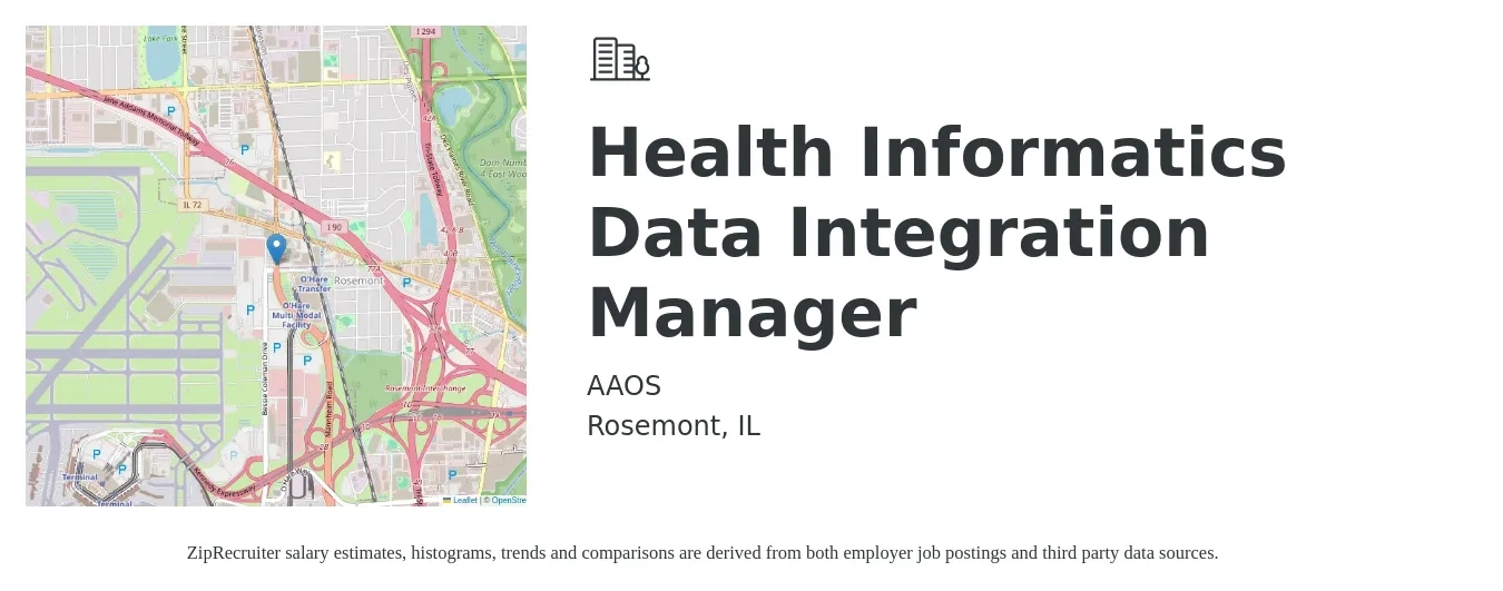 AAOS job posting for a Health Informatics Data Integration Manager in Rosemont, IL with a salary of $46 to $61 Hourly with a map of Rosemont location.