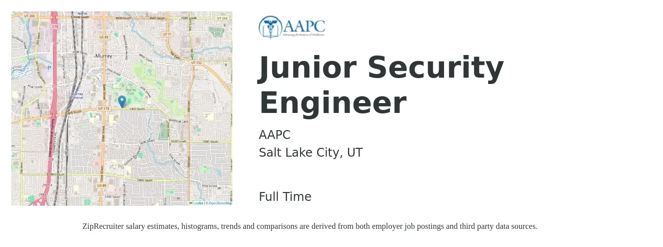 AAPC job posting for a Junior Security Engineer in Salt Lake City, UT with a salary of $44,500 to $73,500 Yearly with a map of Salt Lake City location.