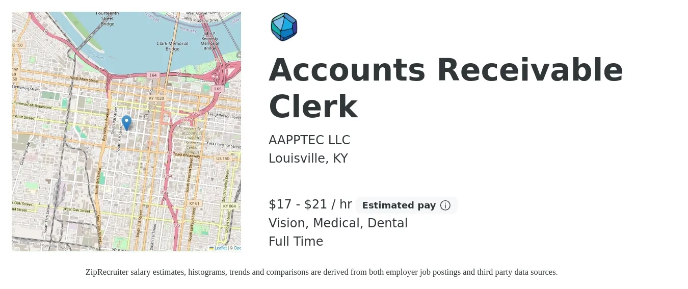 AAPPTEC LLC job posting for a Accounts Receivable Clerk in Louisville, KY with a salary of $18 to $22 Hourly and benefits including dental, life_insurance, medical, pto, and vision with a map of Louisville location.