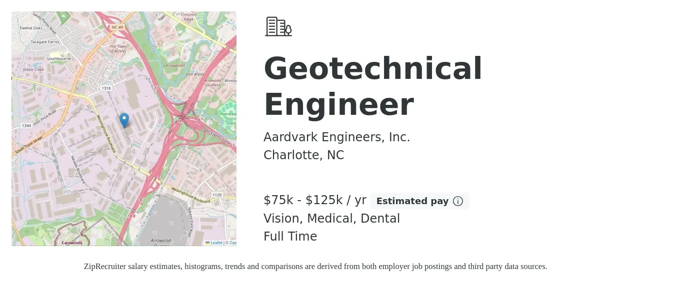 Aardvark Engineers, Inc. job posting for a Geotechnical Engineer in Charlotte, NC with a salary of $75,000 to $125,000 Yearly and benefits including dental, medical, and vision with a map of Charlotte location.