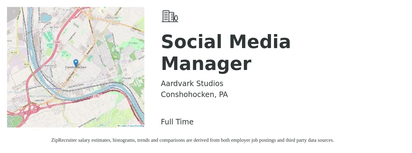 Aardvark Studios job posting for a Social Media Manager in Conshohocken, PA with a salary of $46,800 to $75,300 Yearly with a map of Conshohocken location.