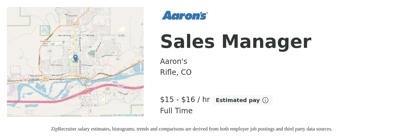 Aaron's job posting for a Sales Manager in Rifle, CO with a salary of $16 to $17 Hourly with a map of Rifle location.