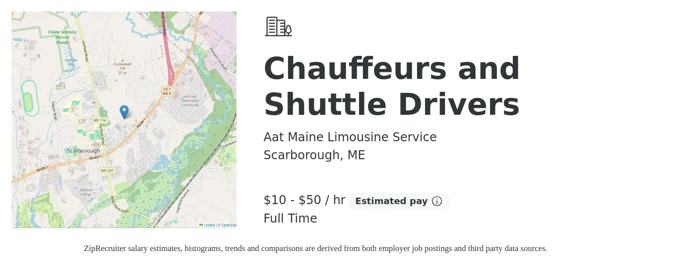 Aat Maine Limousine Service job posting for a Chauffeurs and Shuttle Drivers in Scarborough, ME with a salary of $10 to $52 Hourly with a map of Scarborough location.
