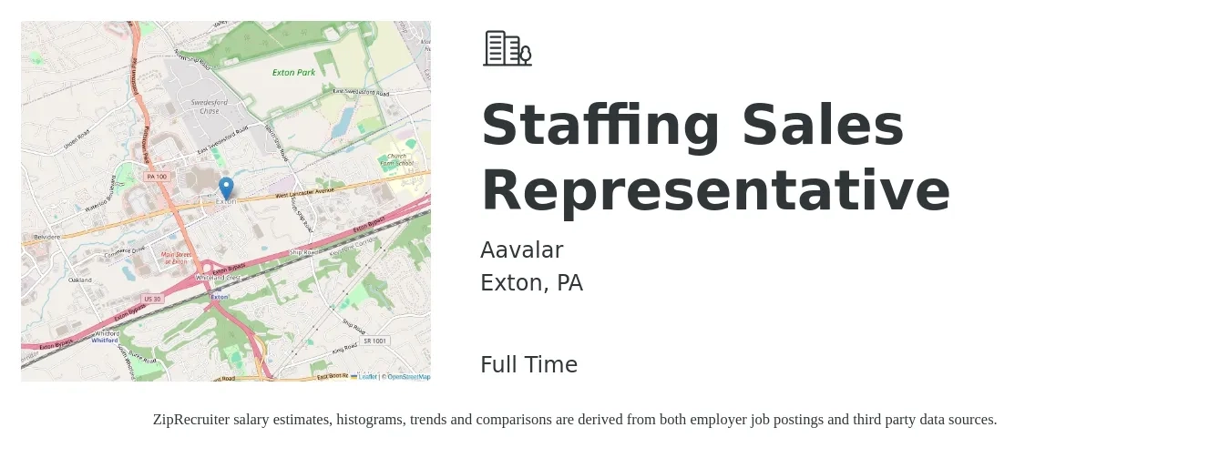 Aavalar job posting for a Staffing Sales Representative in Exton, PA with a salary of $51,600 to $89,800 Yearly with a map of Exton location.