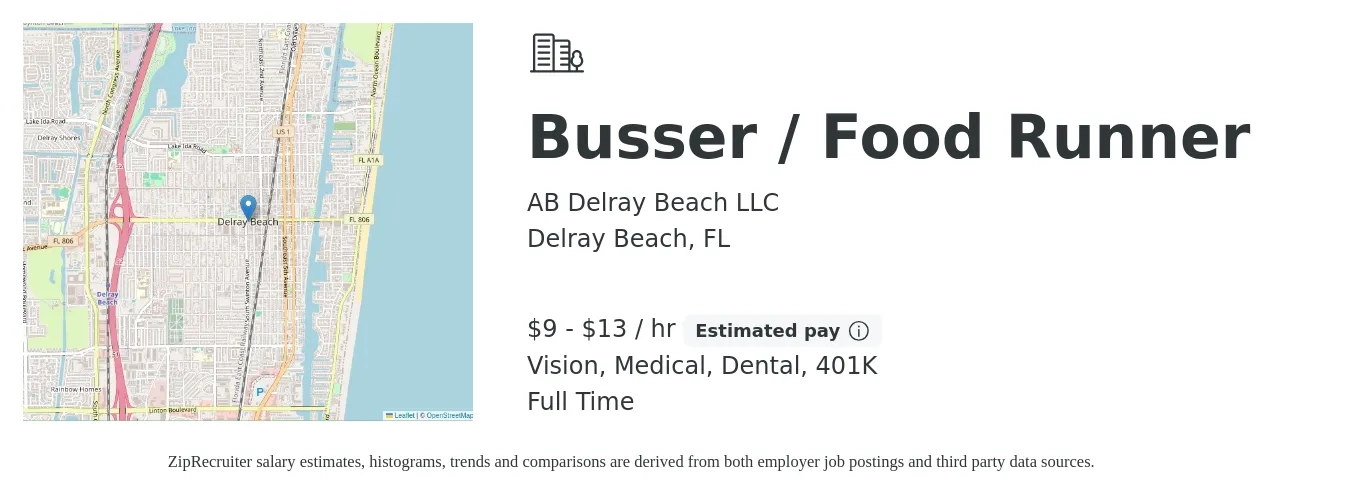 AB Delray Beach LLC job posting for a Busser / Food Runner in Delray Beach, FL with a salary of $10 to $14 Hourly (plus commission) and benefits including dental, life_insurance, medical, vision, and 401k with a map of Delray Beach location.