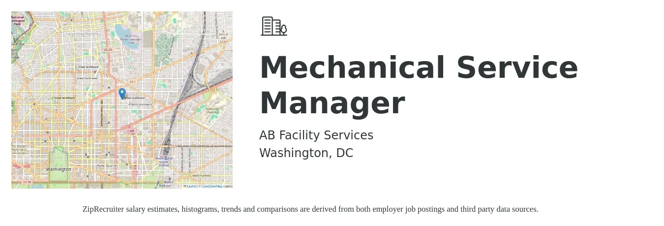 AB Facility Services job posting for a Mechanical Service Manager in Washington, DC with a salary of $81,500 to $134,800 Yearly and benefits including dental, life_insurance, medical, pto, retirement, and vision with a map of Washington location.