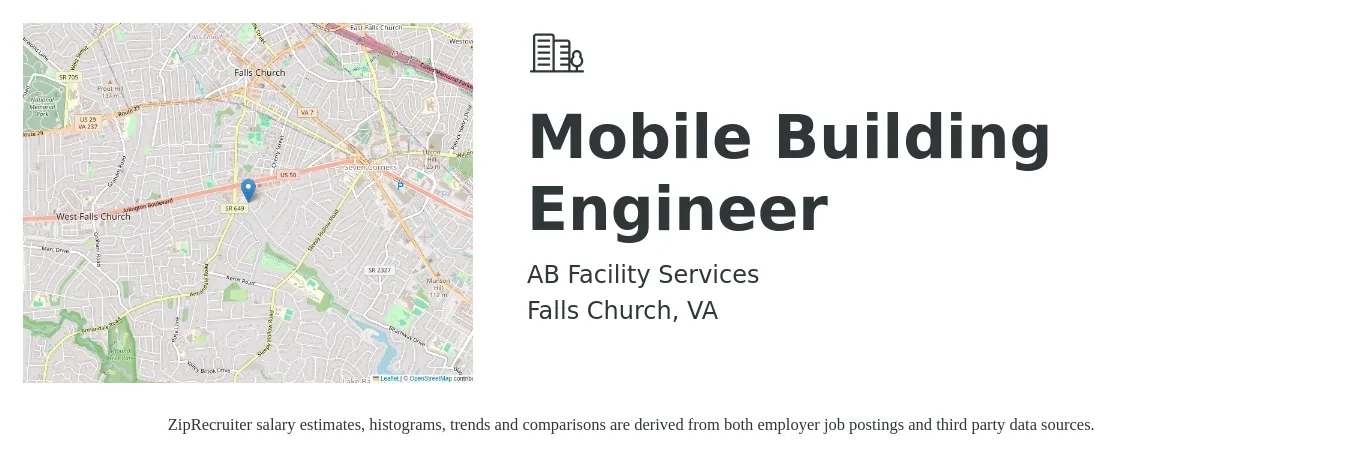 AB Facility Services job posting for a Mobile Building Engineer in Falls Church, VA with a salary of $28 to $41 Hourly with a map of Falls Church location.