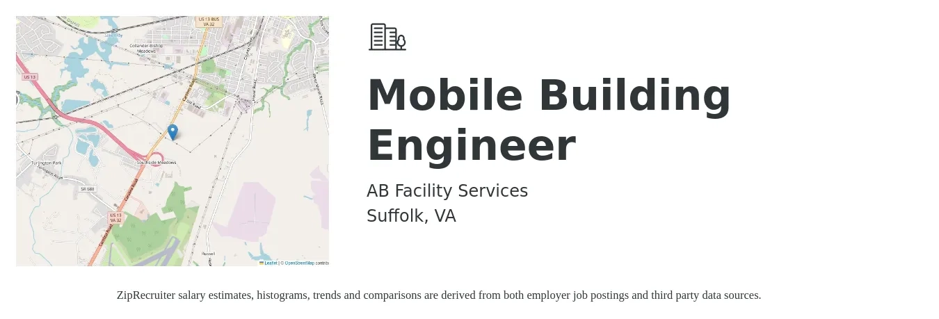 AB Facility Services job posting for a Mobile Building Engineer in Suffolk, VA with a salary of $25 to $36 Hourly with a map of Suffolk location.