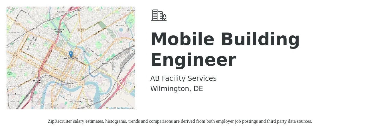 AB Facility Services job posting for a Mobile Building Engineer in Wilmington, DE with a salary of $26 to $37 Hourly with a map of Wilmington location.
