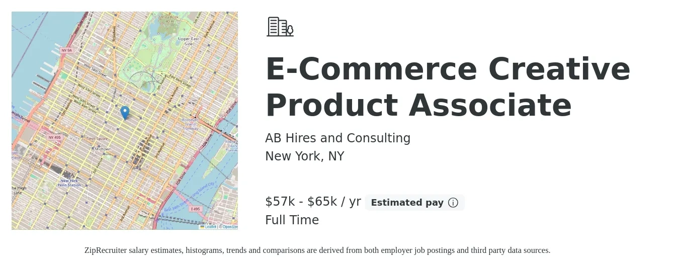 AB Hires and Consulting job posting for a E-Commerce Creative Product Associate in New York, NY with a salary of $57,000 to $65,000 Yearly with a map of New York location.