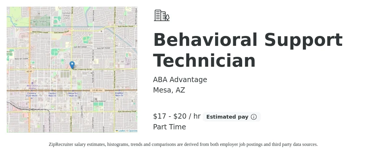 ABA Advantage job posting for a Behavioral Support Technician in Mesa, AZ with a salary of $18 to $20 Hourly with a map of Mesa location.