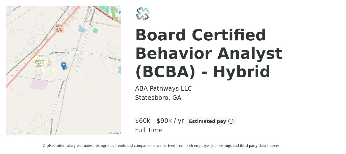 ABA Pathways LLC job posting for a Board Certified Behavior Analyst (BCBA) - Hybrid in Statesboro, GA with a salary of $60,000 to $90,000 Yearly with a map of Statesboro location.