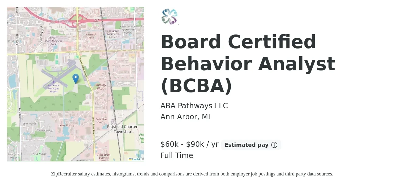 ABA Pathways LLC job posting for a Board Certified Behavior Analyst (BCBA) in Ann Arbor, MI with a salary of $60,000 to $90,000 Yearly with a map of Ann Arbor location.
