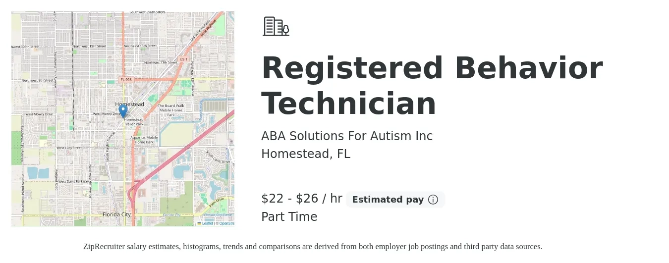 ABA Solutions For Autism Inc job posting for a Registered Behavior Technician in Homestead, FL with a salary of $23 to $28 Hourly with a map of Homestead location.
