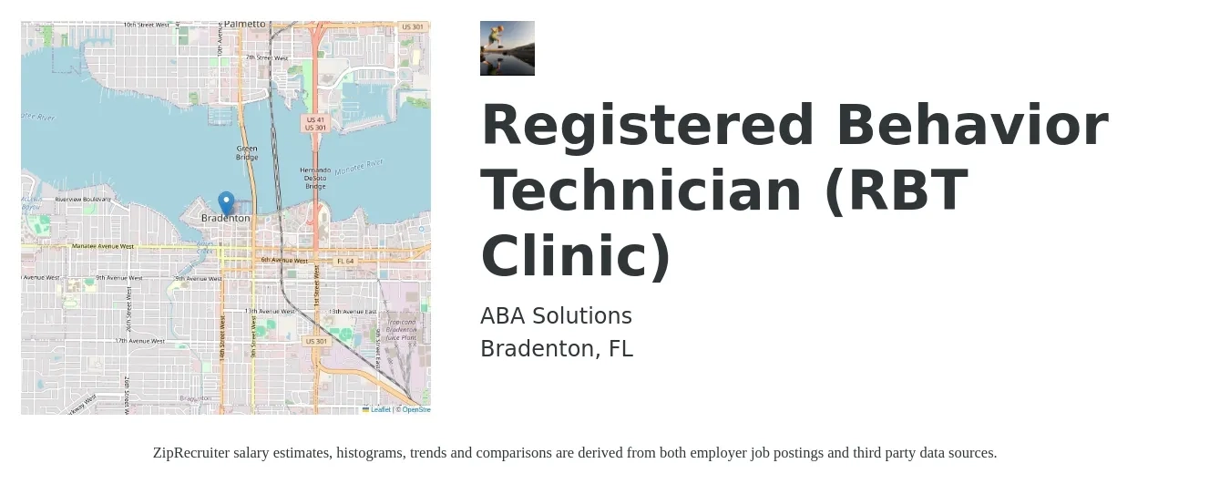 ABA Solutions job posting for a Registered Behavior Technician (RBT Clinic) in Bradenton, FL with a salary of $16 to $22 Hourly with a map of Bradenton location.