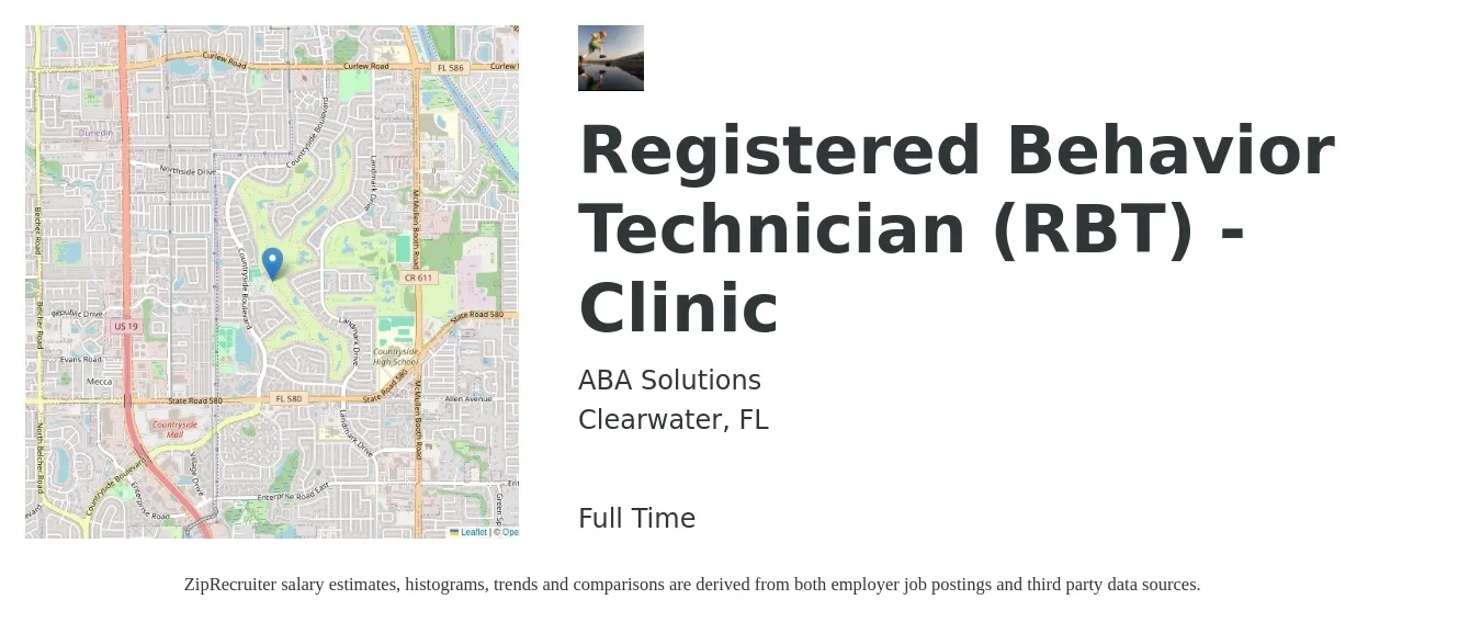 ABA Solutions job posting for a Registered Behavior Technician (RBT) - Clinic in Clearwater, FL with a salary of $17 to $22 Hourly with a map of Clearwater location.