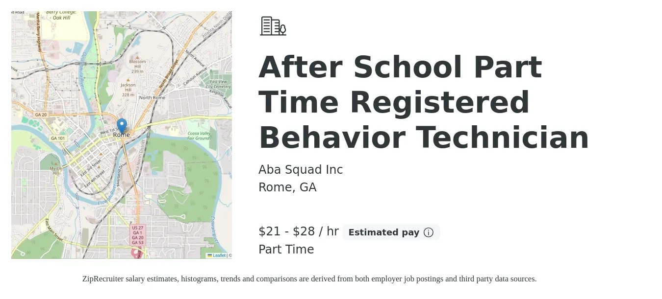 Aba Squad Inc job posting for a After School Part Time Registered Behavior Technician in Rome, GA with a salary of $22 to $30 Hourly with a map of Rome location.