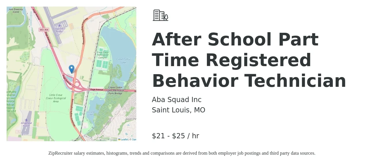 Aba Squad Inc job posting for a After School Part Time Registered Behavior Technician in Saint Louis, MO with a salary of $20 to $26 Hourly with a map of Saint Louis location.