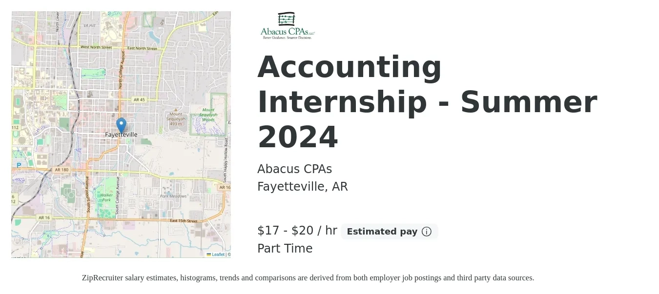 Abacus CPAs job posting for a Accounting Internship - Summer 2024 in Fayetteville, AR with a salary of $18 to $21 Hourly with a map of Fayetteville location.