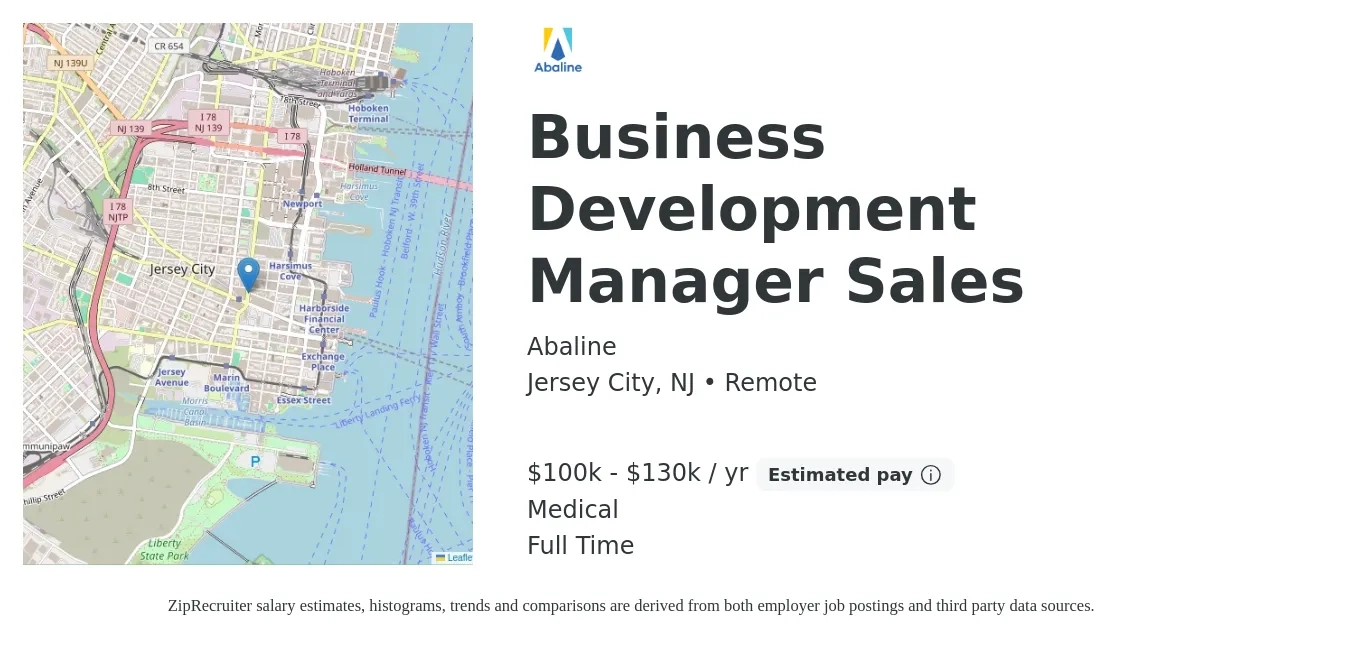 Abaline job posting for a Business Development Manager Sales in Jersey City, NJ with a salary of $100,000 to $130,000 Yearly and benefits including medical, and retirement with a map of Jersey City location.