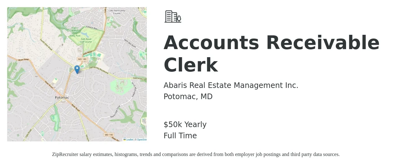 Abaris Real Estate Management Inc. job posting for a Accounts Receivable Clerk in Potomac, MD with a salary of $50,000 Yearly with a map of Potomac location.