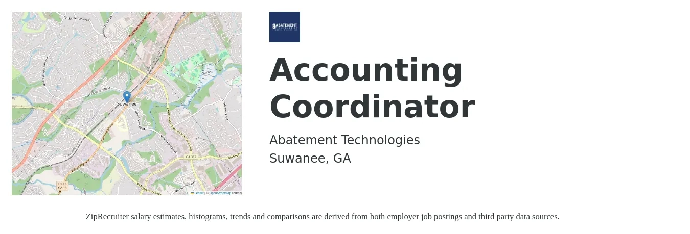 Abatement Technologies job posting for a Accounting Coordinator in Suwanee, GA with a salary of $20 to $26 Hourly with a map of Suwanee location.