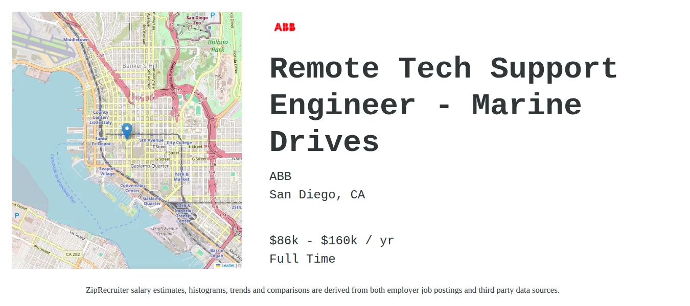 ABB job posting for a Remote Tech Support Engineer - Marine Drives in San Diego, CA with a salary of $86,200 to $160,000 Annually with a map of San Diego location.