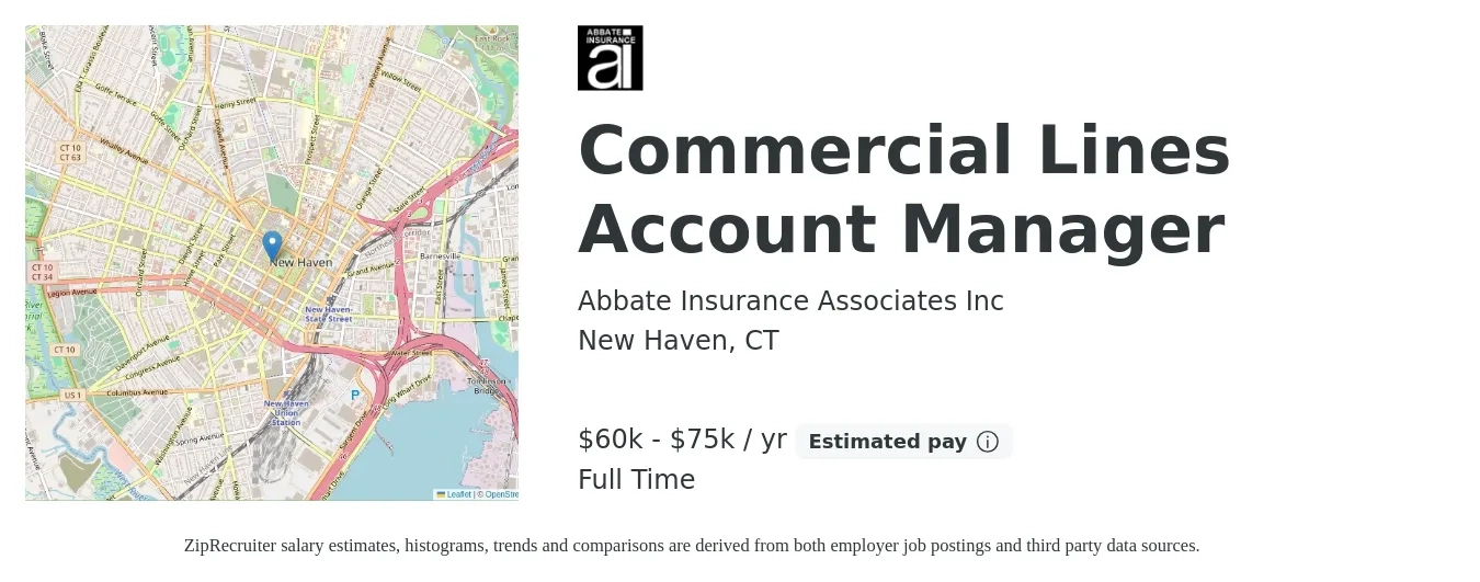 Abbate Insurance Associates Inc job posting for a Commercial Lines Account Manager in New Haven, CT with a salary of $60,000 to $75,000 Yearly with a map of New Haven location.
