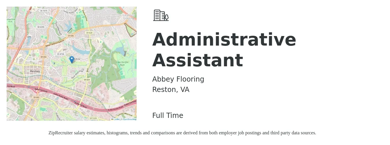 Abbey Flooring job posting for a Administrative Assistant in Reston, VA with a salary of $19 to $26 Hourly with a map of Reston location.