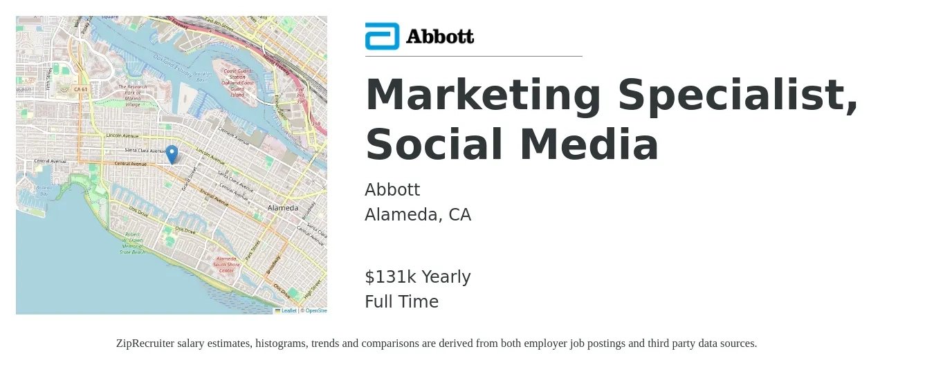 Abbott job posting for a Marketing Specialist, Social Media in Alameda, CA with a salary of $131,900 Yearly with a map of Alameda location.