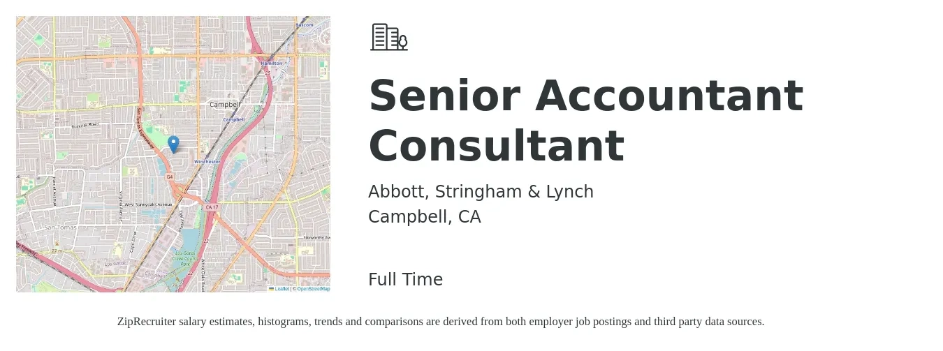 Abbott, Stringham & Lynch job posting for a Senior Accountant Consultant in Campbell, CA with a salary of $90,000 to $128,000 Yearly with a map of Campbell location.