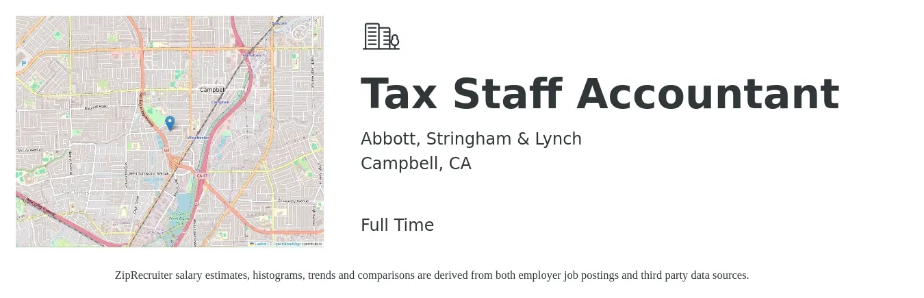 Abbott, Stringham & Lynch job posting for a Tax Staff Accountant in Campbell, CA with a salary of $75,000 to $80,000 Yearly with a map of Campbell location.