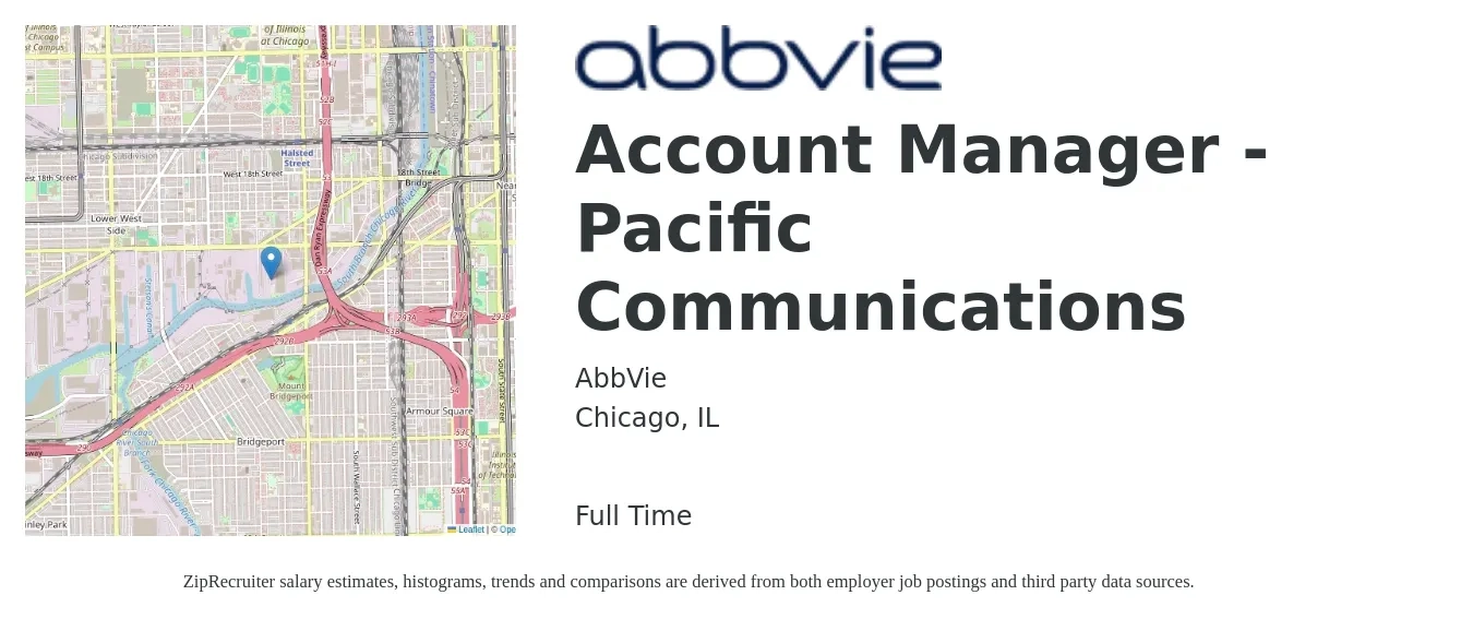 AbbVie job posting for a Account Manager - Pacific Communications in Chicago, IL with a salary of $49,400 to $80,900 Yearly with a map of Chicago location.