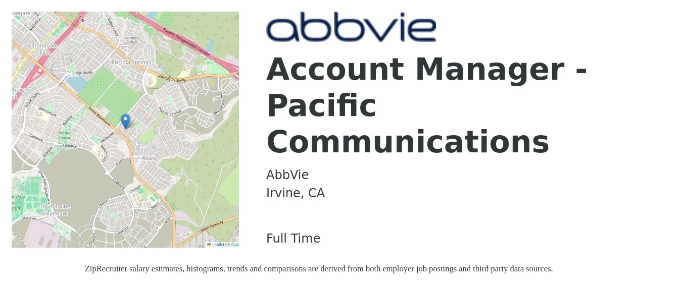 AbbVie job posting for a Account Manager - Pacific Communications in Irvine, CA with a salary of $51,500 to $84,300 Yearly with a map of Irvine location.