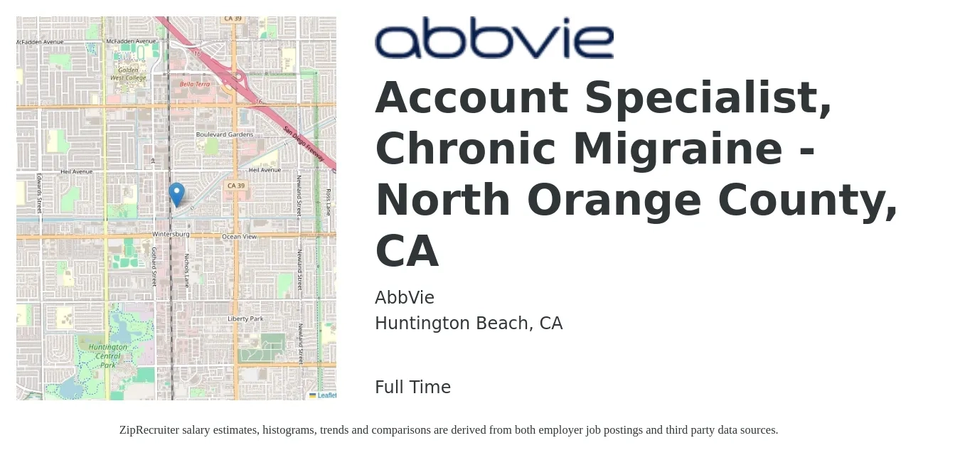 AbbVie job posting for a Account Specialist, Chronic Migraine - North Orange County, CA in Huntington Beach, CA with a salary of $20 to $28 Hourly with a map of Huntington Beach location.