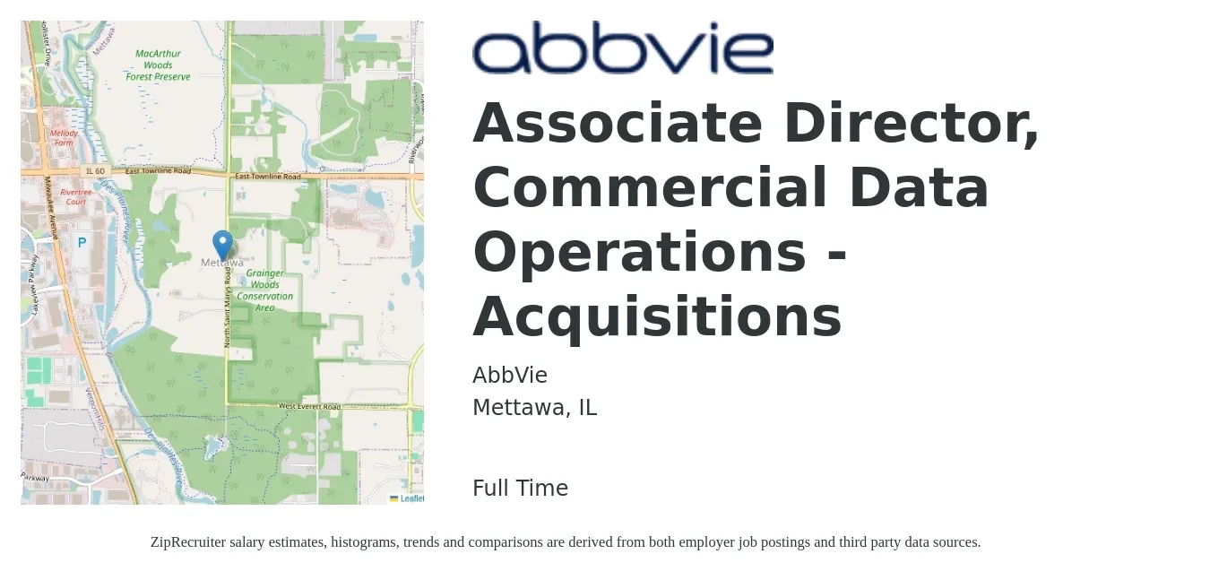 AbbVie job posting for a Associate Director, Commercial Data Operations - Acquisitions in Mettawa, IL with a salary of $107,600 to $187,200 Yearly with a map of Mettawa location.