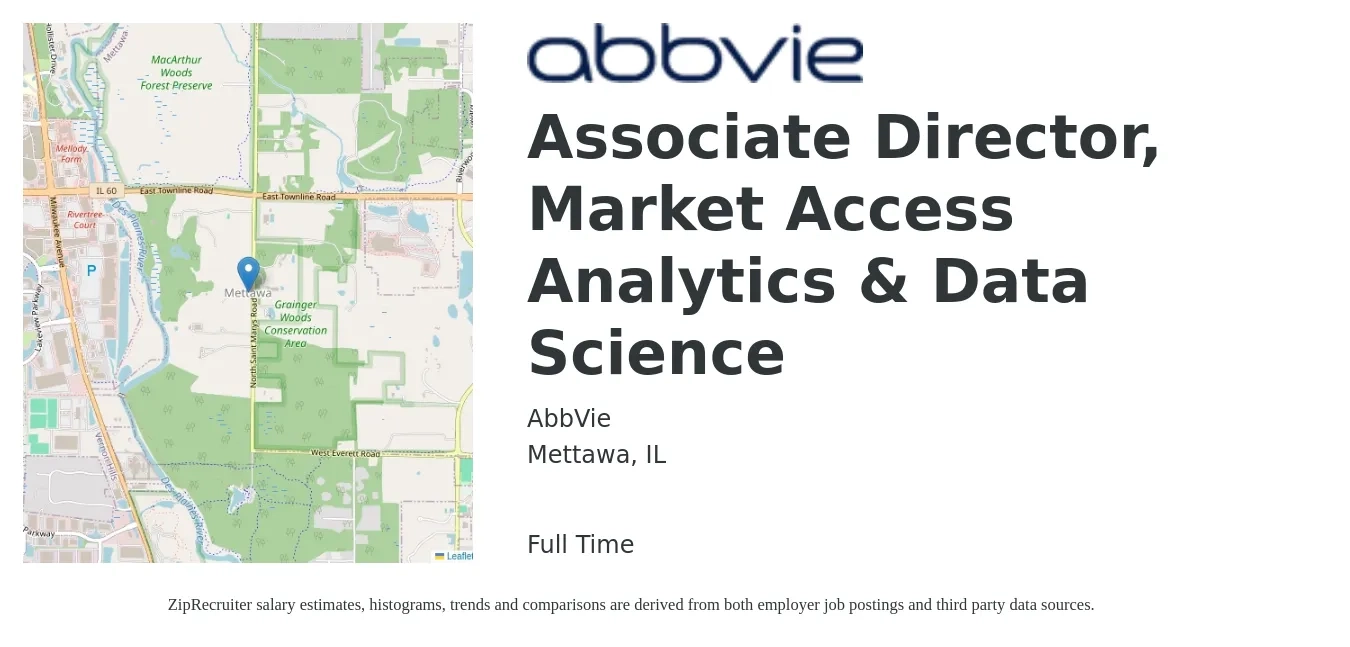 AbbVie job posting for a Associate Director, Market Access Analytics & Data Science in Mettawa, IL with a salary of $67,600 to $68,100 Yearly with a map of Mettawa location.