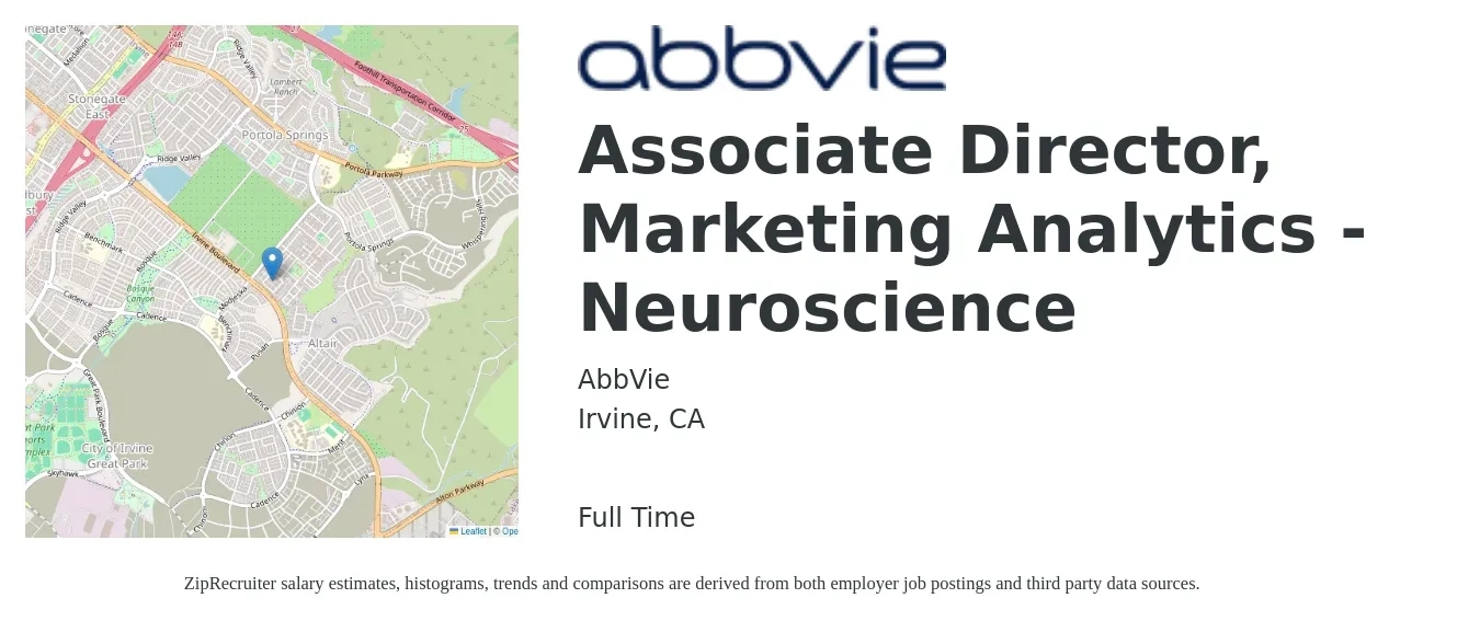 AbbVie job posting for a Associate Director, Marketing Analytics - Neuroscience in Irvine, CA with a salary of $132,000 to $151,900 Yearly with a map of Irvine location.