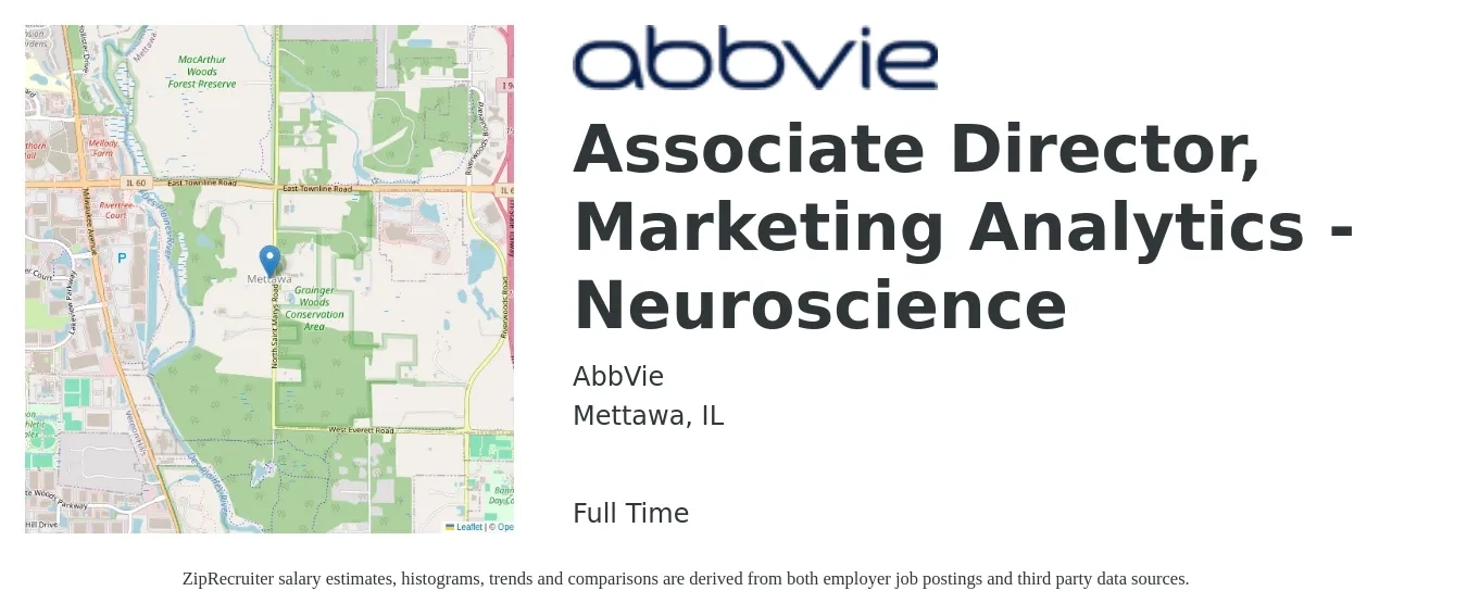 AbbVie job posting for a Associate Director, Marketing Analytics - Neuroscience in Mettawa, IL with a salary of $140,800 to $162,000 Yearly with a map of Mettawa location.
