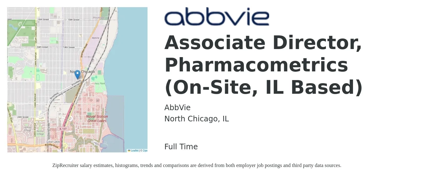 AbbVie job posting for a Associate Director, Pharmacometrics (On-Site, IL Based) in North Chicago, IL with a salary of $18 to $29 Hourly with a map of North Chicago location.