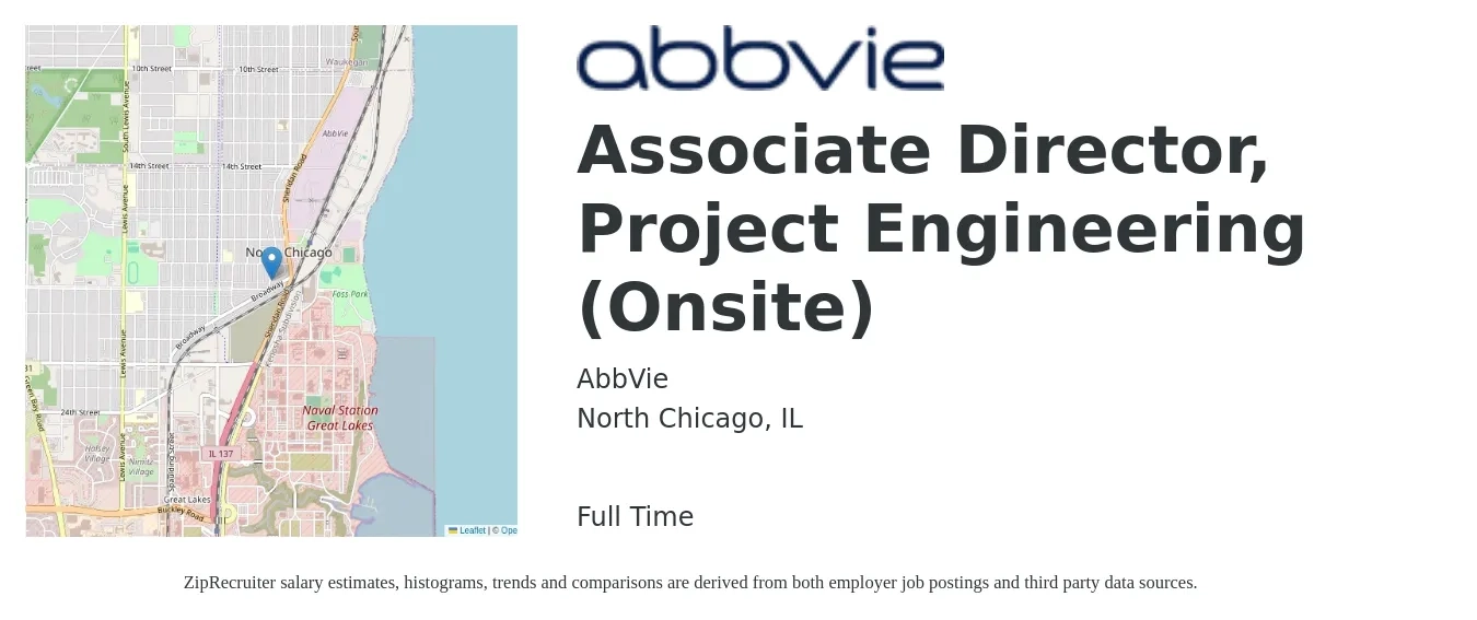 AbbVie job posting for a Associate Director, Project Engineering (Onsite) in North Chicago, IL with a salary of $71,200 to $139,000 Yearly with a map of North Chicago location.