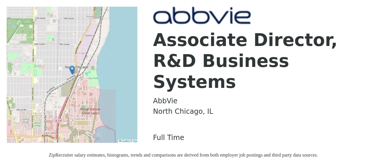 AbbVie job posting for a Associate Director, R&D Business Systems in North Chicago, IL with a salary of $107,200 to $164,500 Yearly with a map of North Chicago location.