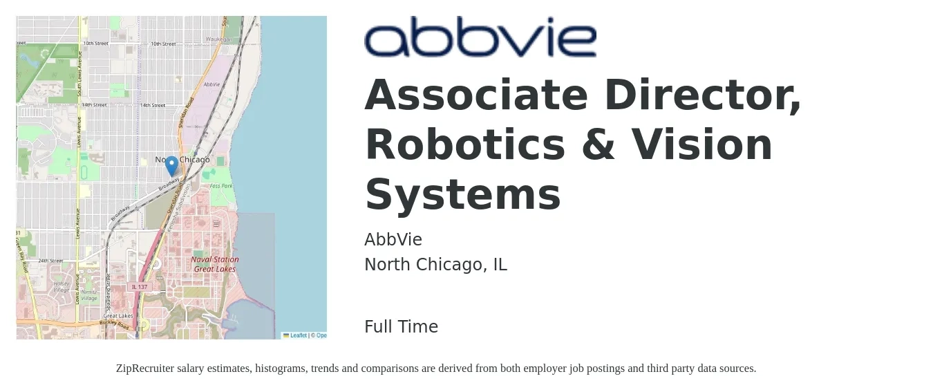 AbbVie job posting for a Associate Director, Robotics & Vision Systems in North Chicago, IL with a salary of $80,300 to $122,100 Yearly with a map of North Chicago location.