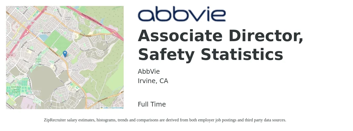 AbbVie job posting for a Associate Director, Safety Statistics in Irvine, CA with a salary of $18 to $30 Hourly with a map of Irvine location.