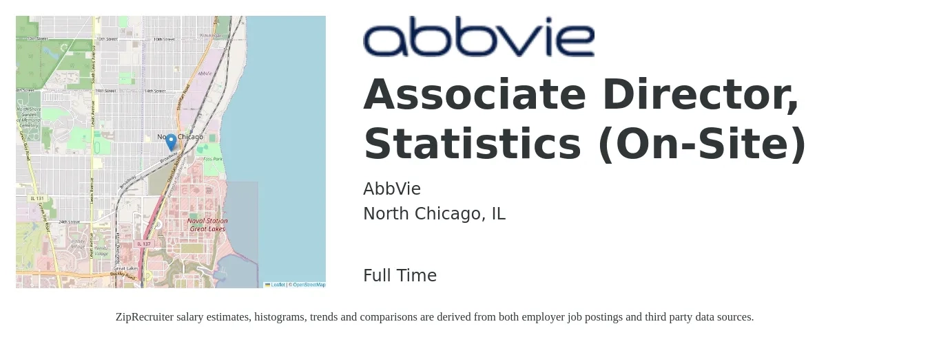 AbbVie job posting for a Associate Director, Statistics (On-Site) in North Chicago, IL with a salary of $56,700 to $57,200 Yearly with a map of North Chicago location.