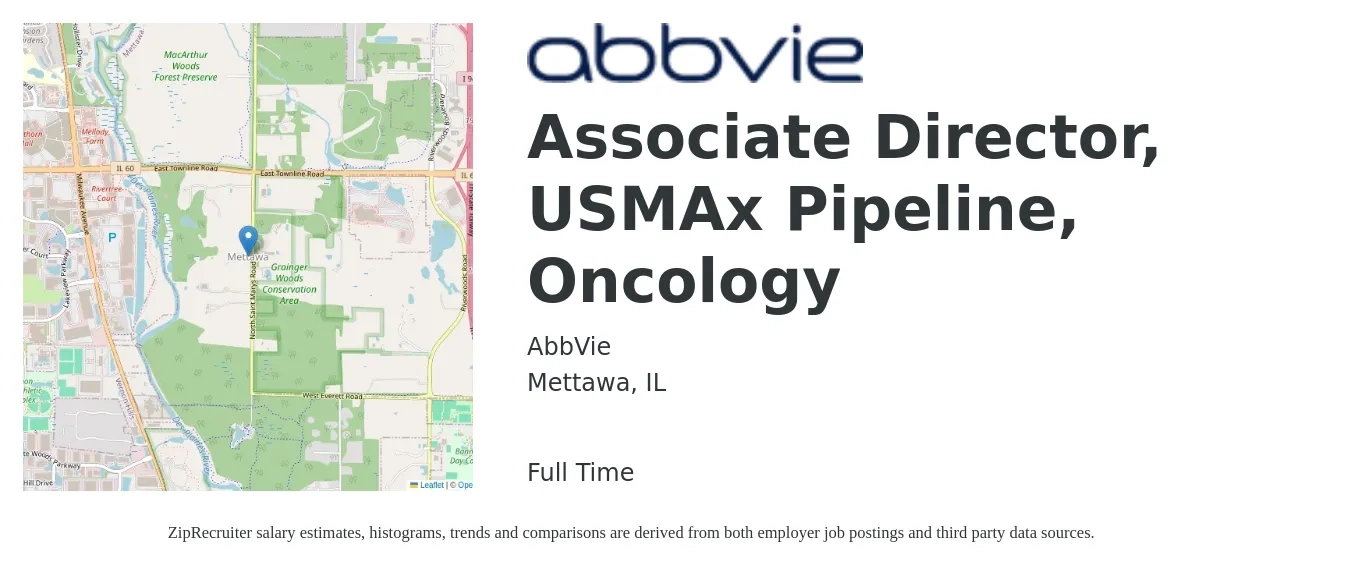 AbbVie job posting for a Associate Director, USMAx Pipeline, Oncology in Mettawa, IL with a salary of $80,100 to $161,400 Yearly with a map of Mettawa location.