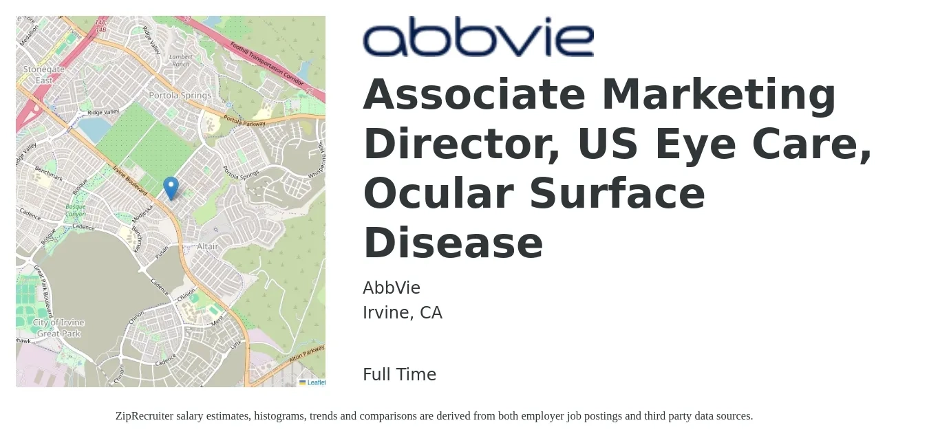 AbbVie job posting for a Associate Marketing Director, US Eye Care, Ocular Surface Disease in Irvine, CA with a salary of $105,200 to $156,700 Yearly with a map of Irvine location.