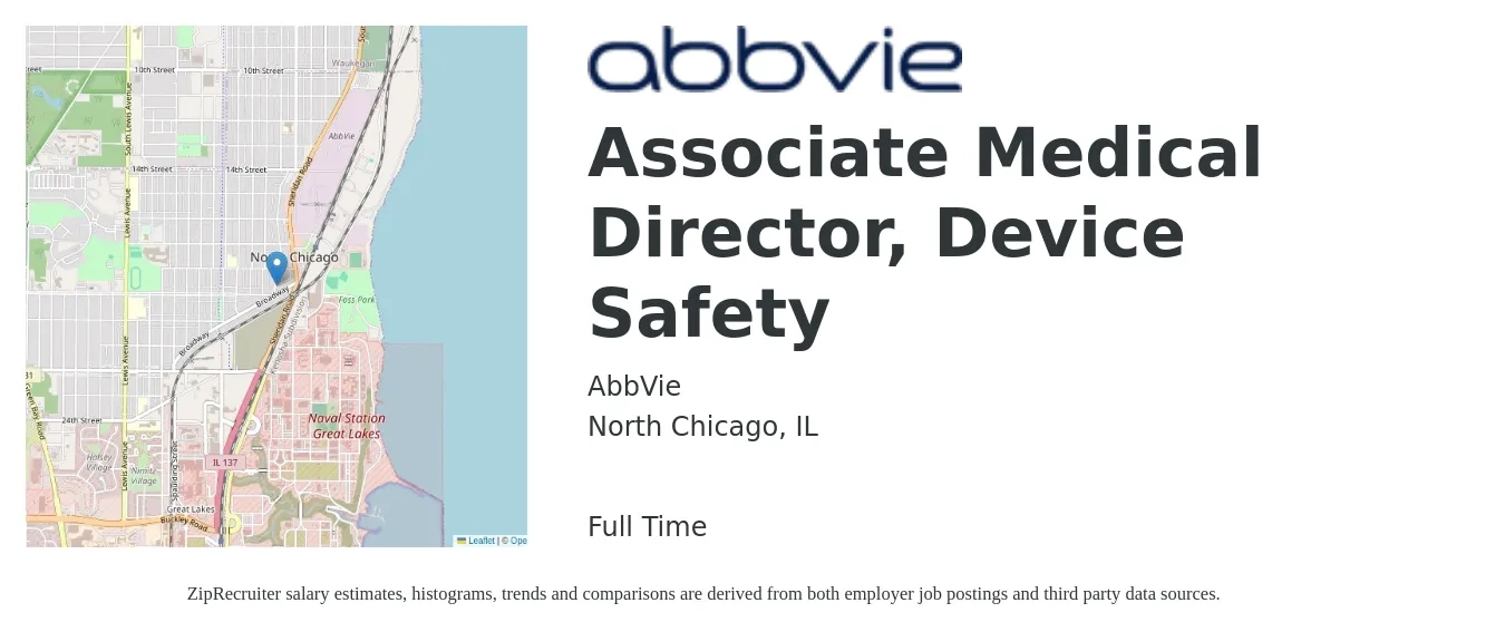 AbbVie job posting for a Associate Medical Director, Device Safety in North Chicago, IL with a salary of $38 to $56 Hourly with a map of North Chicago location.