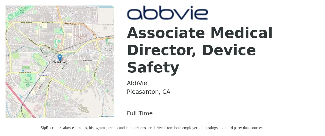 AbbVie job posting for a Associate Medical Director, Device Safety in Pleasanton, CA with a salary of $44 to $64 Hourly with a map of Pleasanton location.