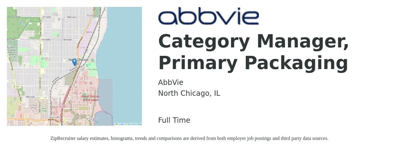 AbbVie job posting for a Category Manager, Primary Packaging in North Chicago, IL with a salary of $72,600 to $106,300 Yearly with a map of North Chicago location.